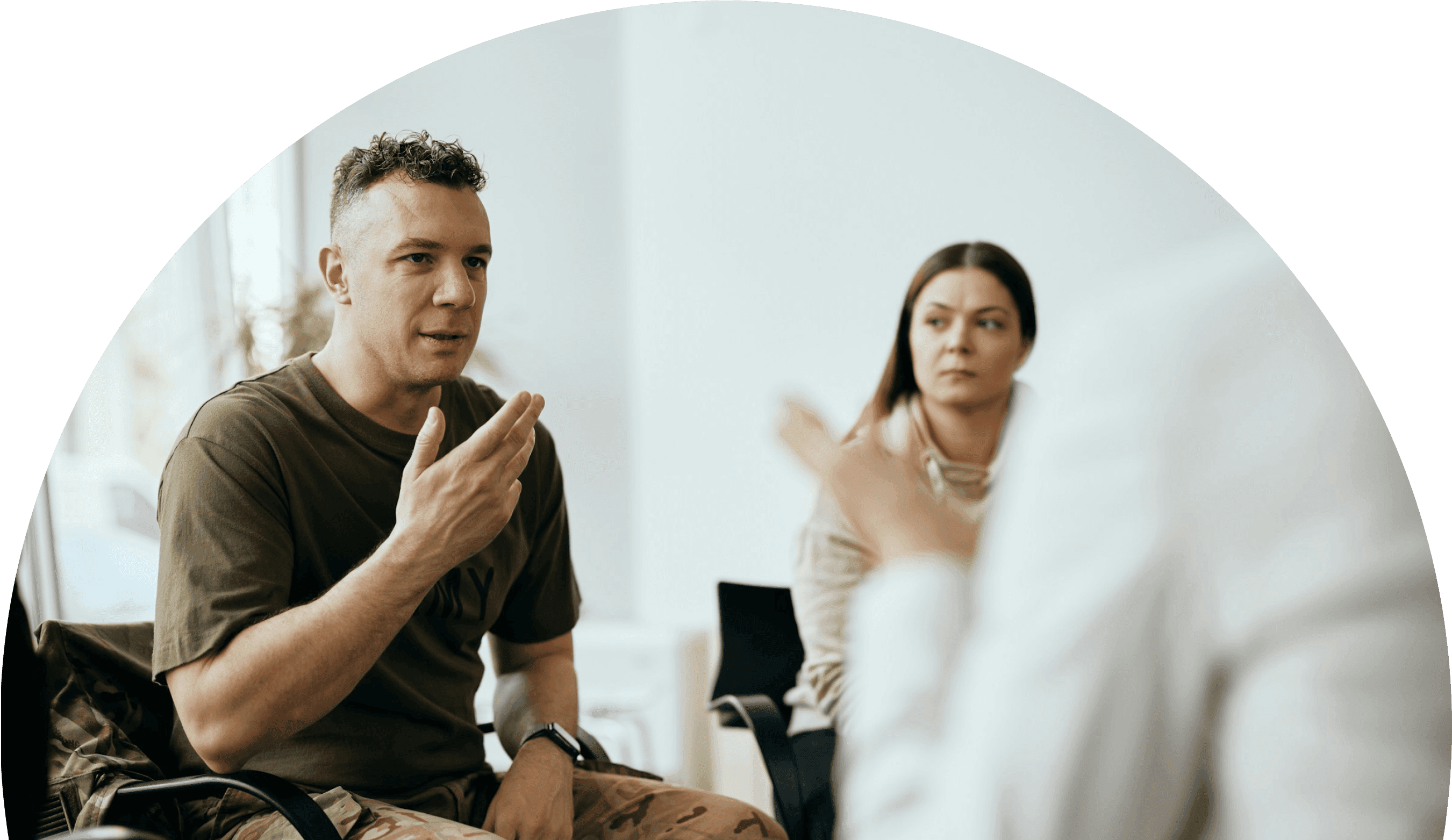 A veteran speaking with a care professional during a claim review conversation.
